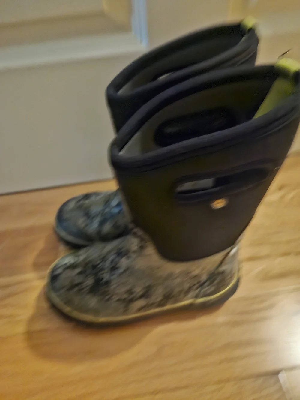 Bogs Kids Black & Gray Camo Boots with Yellow Trim